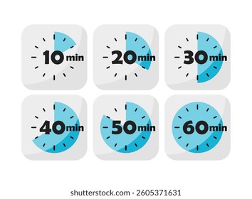From 10 minutes to 60 minutes on stopwatch icon set collection in flat style. Clock face timer vector illustration on isolated background. Countdown sign business concept.