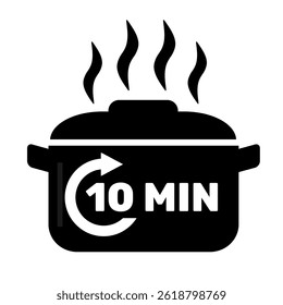 10 minutes boiling time icon. Cooking time clip art on black silhouette vector. Food boiling process time graphic design