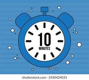 10 Minutes clock. Minute marker alarm isolated on blue background. Time counter clock vector