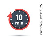 10 minutes on stopwatch icon in flat style. Clock face timer vector illustration on isolated background. Countdown sign business concept.