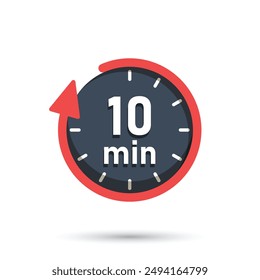 10 minutes on stopwatch icon in flat style. Clock face timer vector illustration on isolated background. Countdown sign business concept.