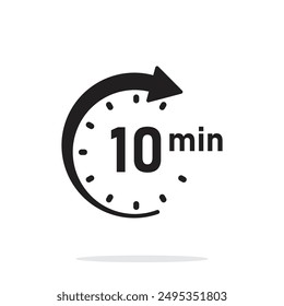 10 minutes on stopwatch icon in flat style. Clock face timer vector illustration on isolated background. Countdown sign business concept.
