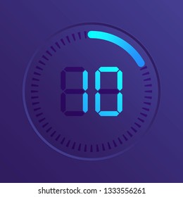 The 10 minutes, stopwatch vector icon, digital timer. Vector digital count down circle board with circle time pie diagram. Watch outline style design, designed for web and app.