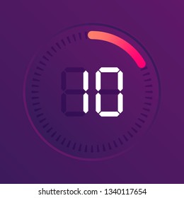 The 10 minutes, stopwatch vector icon, digital timer. Vector digital count down circle board with circle time pie diagram. Watch outline style design, designed for web and app.