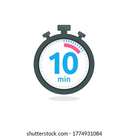 Die 10 Minuten, hör auf, Vektorsymbol zu sehen. Stoppen Sie die Uhr Symbol im flachen Stil, 10 Minuten Timer auf Farbhintergrund. Vektorgrafik.