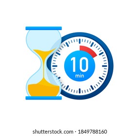 The 10 minutes, stopwatch vector icon. Stopwatch icon in flat style, 10 minutes timer on on color background. Vector stock illustration.