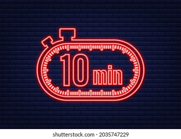 The 10 minutes, stopwatch vector neon icon. Stopwatch icon in flat style, timer on on color background. Vector illustration.