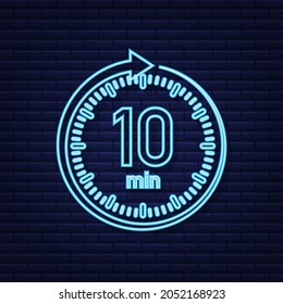 The 10 minutes, stopwatch vector neon icon. Stopwatch icon in flat style, timer on on color background. Vector illustration.