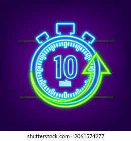 The 10 minutes, stopwatch vector neon icon. Stopwatch icon in flat style, timer on on color background. Vector illustration