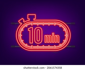 The 10 minutes, stopwatch vector neon icon. Stopwatch icon in flat style, timer on on color background. Vector illustration