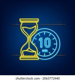 The 10 minutes, stopwatch vector neon icon. Stopwatch icon in flat style, timer on on color background. Vector illustration.