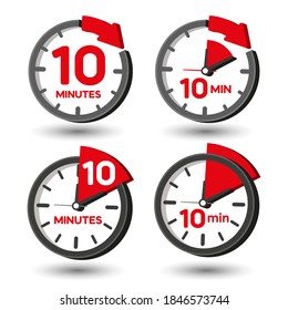 10 minutes. Time icon. Set of vector clocks, timers showing 10 minutes
