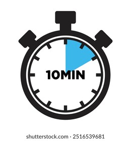 10 Minutes Timer Icon, Modern Flat Design. Clock, Stopwatch, Chronometer Showing ten Minutes Label. Cooking time, Countdown Indication.