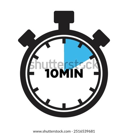 10 Minutes Timer Icon, Modern Flat Design. Clock, Stopwatch, Chronometer Showing ten Minutes Label. Cooking time, Countdown Indication.
