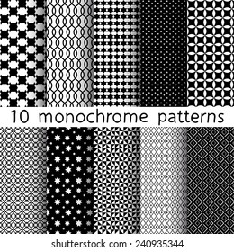 10 Monochrome different vector seamless patterns. Set of black and white geometric ornaments. Endless texture can be used for wallpaper, pattern fills, web page background, surface textures.