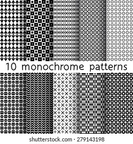 10 patrones monocromos sin fisuras para el fondo universal. Color blanco y negro. Se puede utilizar textura sin fin para papel tapiz, relleno de patrón, fondo de página web. Ilustración vectorial para el diseño web.