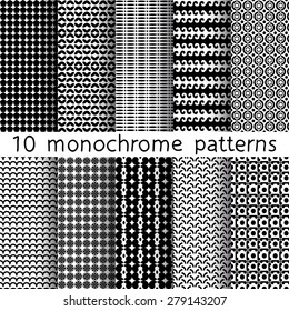 10 monochrome seamless patterns for universal background. Black and white colors. Endless texture can be used for wallpaper, pattern fill, web page background. Vector illustration for web design.