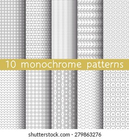 10 monochrome seamless patterns for universal background. Gray and white colors. Endless texture can be used for wallpaper, pattern fill, web page background. Vector illustration for web design.