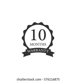 10 months warranty word on circle jagged edge and ribbon badge vector. Minimalist style, black and white color.