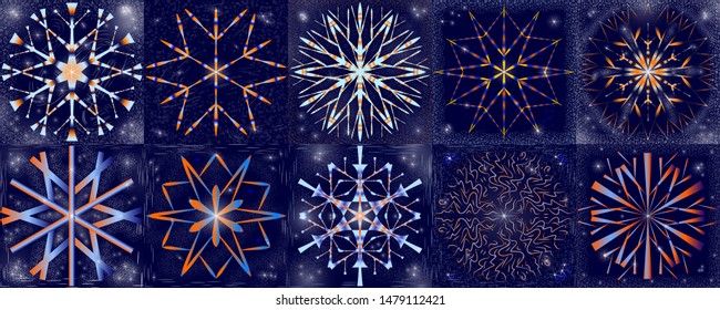 10 multicolored snowflakes in the style of hand-drawing with gradient shading on the background of the night sky with bright stars and snowstorm. Set of vector illustrations on the theme of winter.