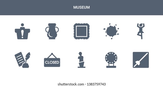 10 museum vector icons such as museum fencing, porcelain, venus de milo, closed, poetry contains ballet, ink, frame, ceramic, information desk. museum icons