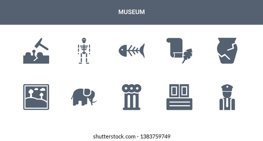 10 museum vector icons such as security guard, archivist, ancient, mammoth, artwork contains ancient jar, papyrus, fishbone, skeleton, geological. museum icons
