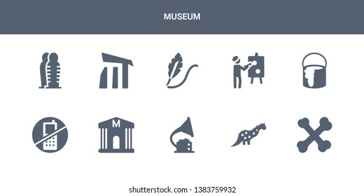 10 museum vector icons such as bone, dinosaur, gramophone, museum, no phone contains paint, painting, quill, relics, sarcophagus. museum icons