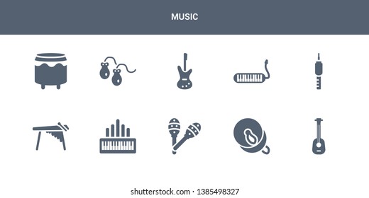 10 music vector icons such as ukelele, cymbal, maraca, organ, marimba contains jack connector, melodica, bass guitar, castanets, bongo. music icons