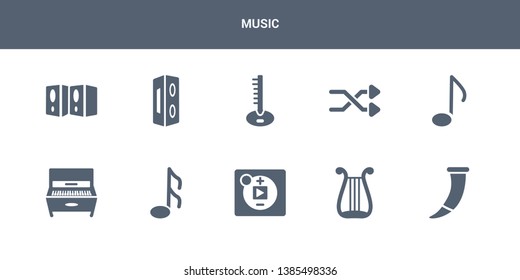 10 music vector icons such as horn, lyre, music player, musical note, piano contains quaver, shuffle, sitar, sound system, speaker. music icons