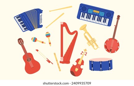 10 instrumentos musicales. Conjunto de elementos musicales vectoriales en estilo plano