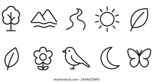 10 Nature Line Art Icons Minimalist Botanical and Landscape Elements