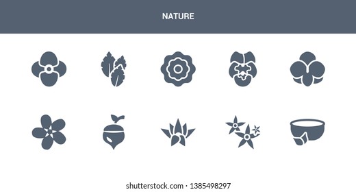 10 nature vector icons such as natural medical pills, neroli, nymphea, oak, oleander contains orchid, pansy, peony, peppermint, petunia. nature icons