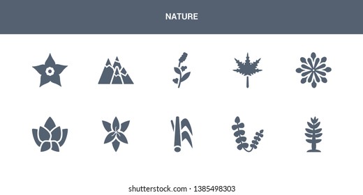 10 nature vector icons such as larch, lavender, lemongrass, lily, lotus contains magnolia, maple, mimosa, mountains, narcissus. nature icons