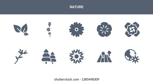 10 nature vector icons such as eco globe, field, flower, forest, freesia contains gardenia, geranium, gerbera, gladiolus, tea. nature icons