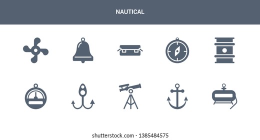 10 nautical vector icons such as air tank, anchor, antique telescope, bait, barometer contains big barrel, big compass, big crate, boat bell, boat screw. nautical icons