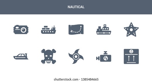 10 nautical vector icons such as sea package, ship engine, ship engine propeller, skull and bones, speed boat contains starfish with dots, tanker ship, treasure map, vessel, water resist camera.