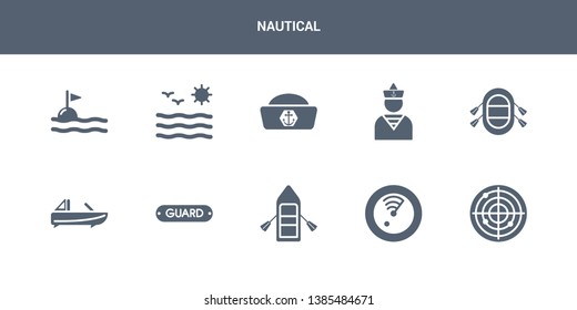10 nautical vector icons such as radar, radar detection, raft, rescue tube, roofless speed boat contains rubber raft, sailor, sailor cap, sea, sea flag. nautical icons