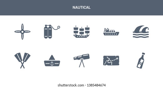 10 nautical vector icons such as message in a bottle, nautical map, nautical monocular, navy hat, oars contains ocean waves, oil tanker ship, old galleon, oxygen tank, propeller. icons