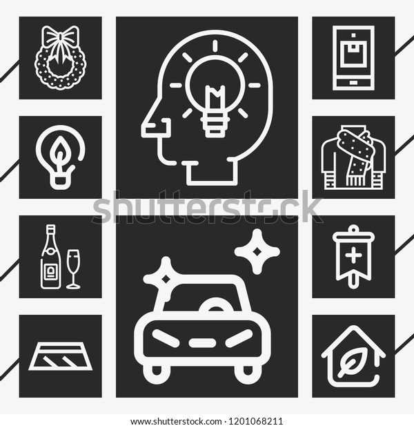 10 new  outline style icons about banner, eco house,\
champagne, lights, scarf, christmas wreath, clean car, smartphone,\
idea