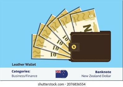 10 New Zealand Dollar With Brown leather wallet . New Zealand business, payment and finance element. Can be used for web, mobile, infographic and print.