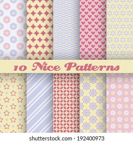 10 Nice different vector seamless patterns (tiling). Sweet red, blue and yellow colors. Endless texture can be used for printing onto fabric and paper. Heart, flower, stripe, wave and dot shape.