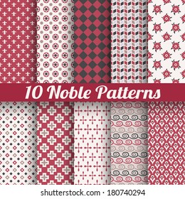 10 Noble elegant vector patterns. Retro red, black and white colors. Endless texture can be used for printing onto fabric and paper or scrap booking.