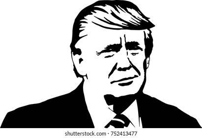 10 NOV, 2017: President of United States. Trump new president portrait. Donald Trump is sarcastic.Vector illustration. Black and white.