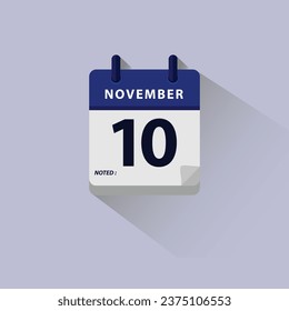 10 November calendar flat Vector icon. November 10 calendar with shadow, folded paper on clear background. High resolution very easy to edit eps 10 file format