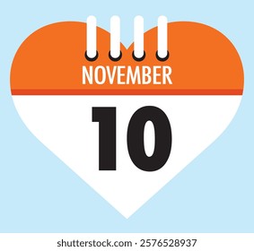 10 November calendar icon orange heart shape on light sky blue color background, calendar vector symbol for the month of November.