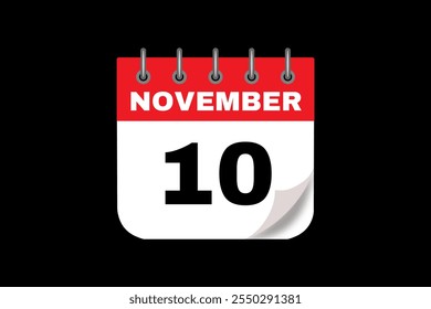 10 November calendar icon text page monthly web design on red, white and black background vector, icon, or illustration with the month of November 10