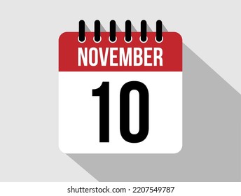 10 November calendar vector icon. Red november date for the days of the month