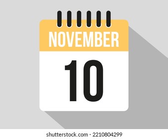 10 November calendar vector icon. Yellow november date for the days of the month and week
