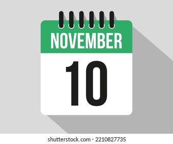 10 November calendar vector icon. Green November date for the days of the month and week