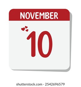 10 November date calendar icon with red hearts and white background